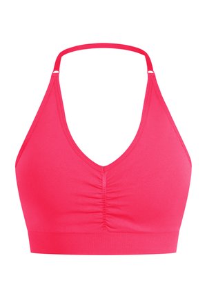 Soutien-gorge de sport rose avec un décolleté en V, des détails froncés au centre et des fines bretelles. Fabriqué en tissu extensible et lisse avec une large bande.