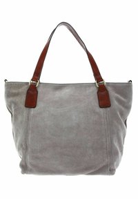 Grå mocka tote-väska med bruna läderhandtag. Har sömnadsdetaljer och en mjuk textur med ett rymligt inre och design utan lock.