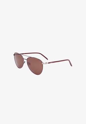 Occhiali da sole stile aviator con lenti marroni sfumate e montatura metallica color granata con aste sottili e naselli.