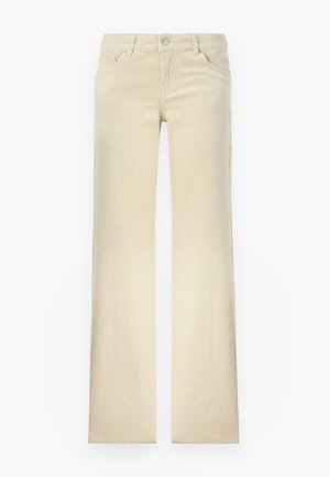 Beige gerade geschnittene Baumwollhosen mit einem Knopfverschluss vorne, fünf Taschen und minimalen Nähdetails.