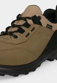 Chaussure de randonnée beige et noire avec lacets noirs, étiquette Gore-Tex, col rembourré et semelle noire robuste pour une bonne adhérence extérieure.