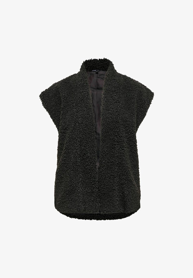 Gilet noir sans manches à ouverture frontale, en tissu doux et texturé style sherpa, avec un ourlet inférieur arrondi.