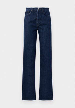 Donkerblauwe denim jeans met een rechte pijp, hoge taille, vijf-pocketstijl, ritssluiting en knoopsluiting, en subtiele stikdetails.