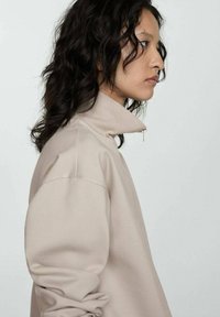 Pullover beige con collo alto e dettaglio con zip. Tessuto morbido, vestibilità ampia e maniche arrotolate. Design minimalista senza motivi o accenti.