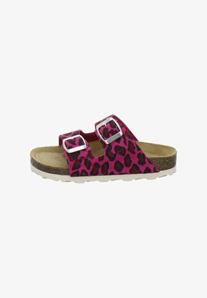 Offene Zehen-Pantolette mit lila und schwarzen Leopardenmuster-Riemen, zwei silbernen Schnallen, Korkfußbett und weißer strukturierter Sohle.