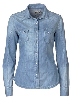 Lichtblauw denim overhemd met knopen, lange mouwen, twee voorvakken met klep en een klassieke kraag.