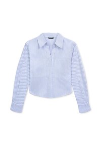 Chemise cintrée à boutons de couleur bleu clair avec des rayures verticales. Présente un col classique et de longues manches avec des poignets contrastants.