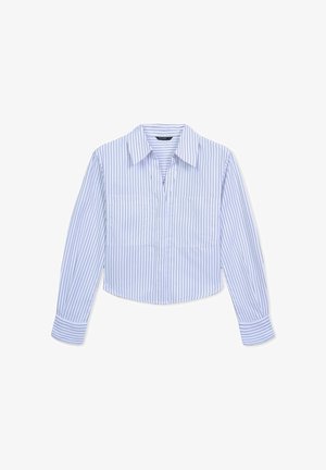 Chemise cintrée à boutons de couleur bleu clair avec des rayures verticales. Présente un col classique et de longues manches avec des poignets contrastants.