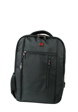 Black rectangular backpack with multiple zippered compartments, padded handle, and a red and black cross logo on front.