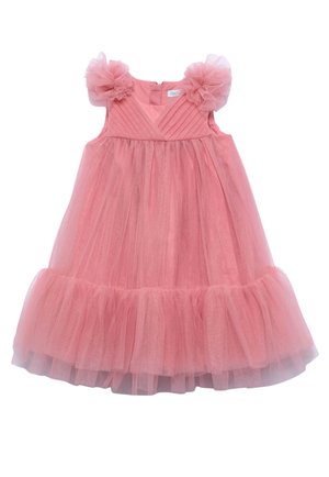Abito rosa senza maniche in tulle con spalline arricciate, corpetto plissettato e gonna a strati svasata per un bambino piccolo o un bambino in età prescolare.