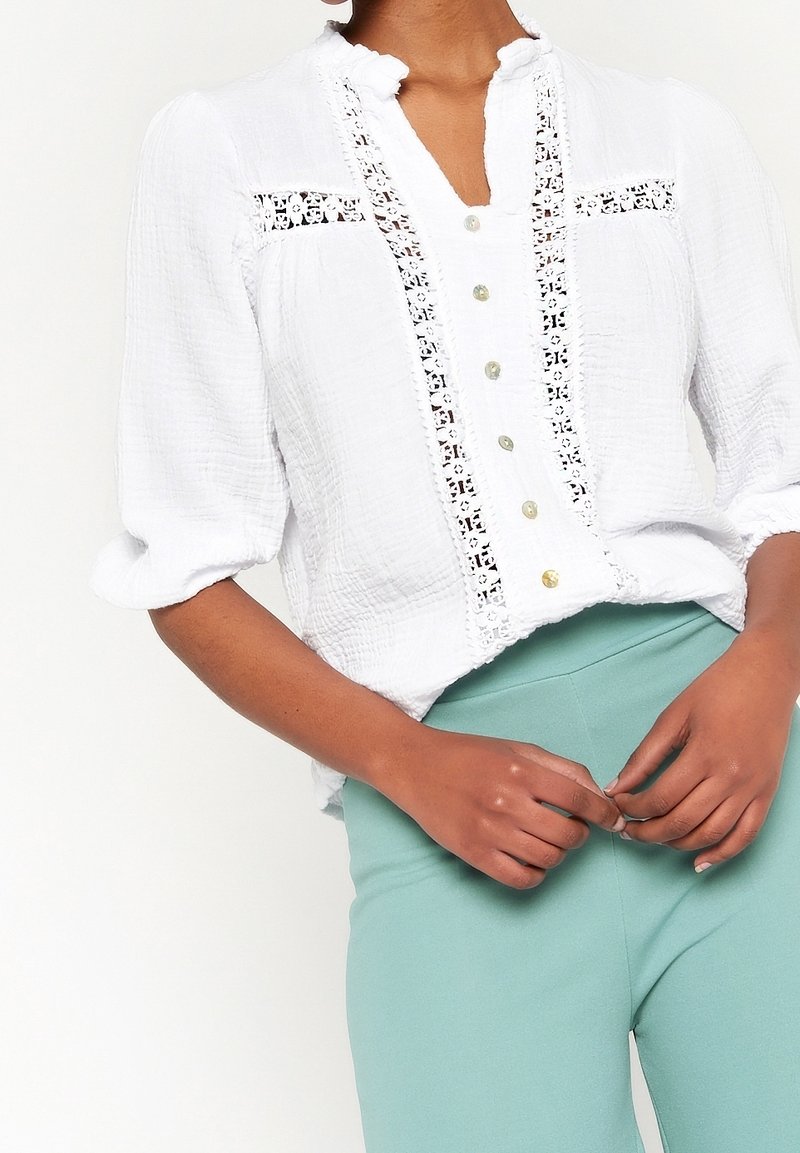 Femme portant un chemisier blanc texturé avec dentelle et boutons, associé à un pantalon taille haute bleu sarcelle clair, mains jointes près de la taille.