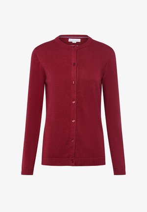 Cardigan en tricot rouge avec des manches longues, un col rond et une fermeture à boutons. Présente une texture côtelée aux poignets et à l'ourlet.