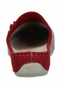 Red felt slip-on shoe with a gray felt base, rounded opening, and a soft, textured interior. Features contrasting stitching and a curved heel.
