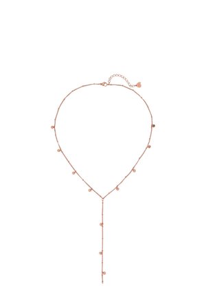 Collana in oro rosa con una delicata catena con accentazioni circolari equidistanti e un design a forma di Y che si estende verso il basso.