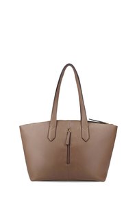 Sac à main en cuir marron avec une surface texturée, doté de deux petites poignées et d'une poche centrale zippée. Forme angulaire et minimalisme dans les détails.