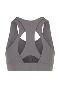 Grijze sportbeha met een racerbackontwerp, voorzien van uitsnijdingen en een verstelbare haak-en-oogsluiting aan de achterkant voor een veilige pasvorm.