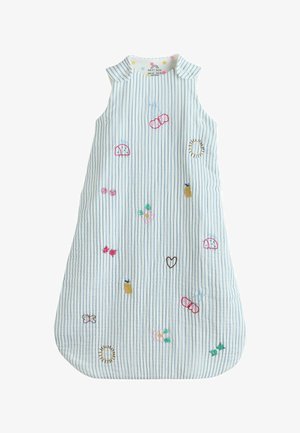 Blauer und weißer gestreifter Babyschlafsack mit bestickten Kirschen, Ananas, Herzen, Blumen, Schmetterling- und Sonnenmotiven.