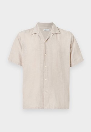 Koszula z krótkim rękawem z jasnobeżowego lnu, z kołnierzykiem i pięcioma guziczkami z przodu. Gładka faktura z subtelnym połyskiem.
