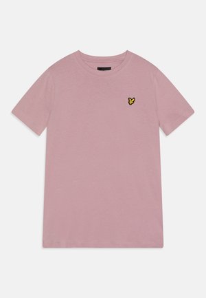Light pink short-sleeve cotton t-shirt with round neck and a small yellow and black bird logo on the left chest.