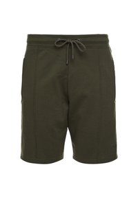 Shorts en coton vert olive avec ceinture élastique, cordon de serrage, poches latérales et coutures verticales sur le devant.