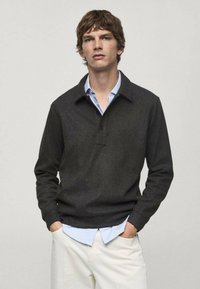 Pullover grigio scuro con colletto e bottoni a due strati, indossato sopra una camicia a righe blu chiaro, abbinato a pantaloni color crema.
