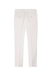 Pantalon blanc slim fit avec deux poches arrière à rabat boutonné et passants de ceinture, présenté à plat sur fond blanc.