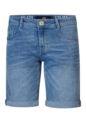 Denimshorts i lyseblå med opbukket kant, med knaplukning og forlommer, som viser en subtil falmet tekstur.