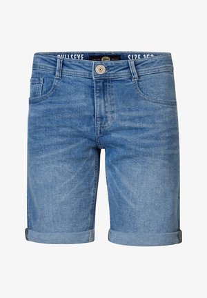 Shorts in denim azzurri chiaro con orli arrotolati, dotati di chiusura con bottoni e tasche frontali, con una texture leggermente sbiadita.