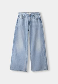 Ljust blå vida jeans i denim, med hög midja, fem fickor och en blekt finish med subtila slitningar.