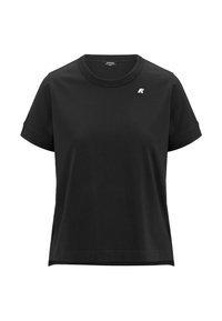 T-shirt nera in cotone con taglio classico, maniche corte, collo rotondo e un piccolo logo sul lato sinistro del petto. Texture liscia, design informale.
