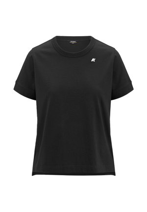 T-shirt nera in cotone con taglio classico, maniche corte, collo rotondo e un piccolo logo sul lato sinistro del petto. Texture liscia, design informale.