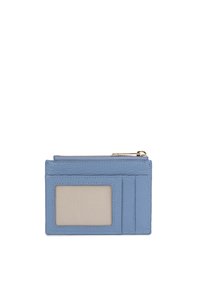 Portafoglio per carte in pelle blu con una texture liscia, dotato di una finestra trasparente per l'ID e diversi slot per carte. Chiusura con zip nella parte superiore.