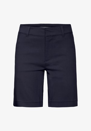 Mørkeblå shorts lavet af glat stof med skræddersyet design, der har lige snit og foldet kant. Inkluderer detaljer med forlommer.