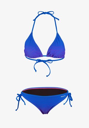 Blauwe bikini met kleine roze stippen, driehoektop met nek- en rugstrikjes, en zijstrikbroekje met zwarte voering en BECO-logo.