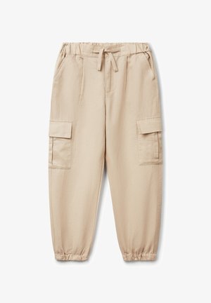 Beige katoenen cargobroek met een elastische tailleband, trekkoord, zijzakken en twee cargozakken. Tapered pijp met elastische boorden.