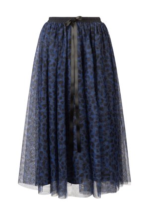 Jupe à imprimé léopard bleu en tulle transparent. Comprend une taille élastique noire et un nœud en satin noir à l'avant.