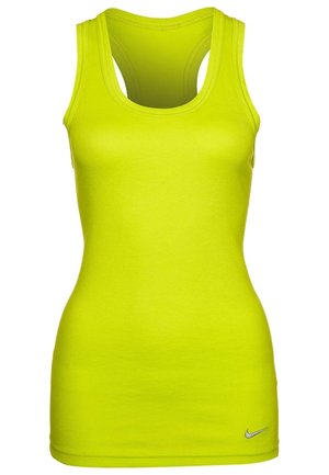 Jasnożółty sportowy top bez rękawów z konstrukcją typu racerback i małym logo Nike blisko dolnej lamówki po lewej stronie.
