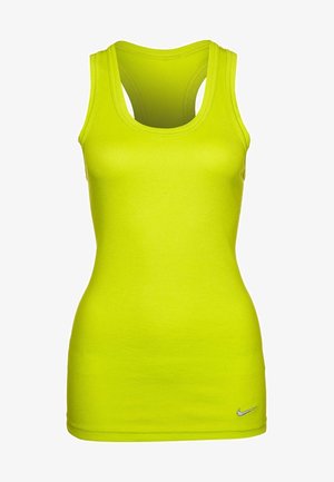 Jasnożółty sportowy top bez rękawów z konstrukcją typu racerback i małym logo Nike blisko dolnej lamówki po lewej stronie.