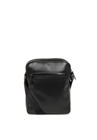 Borsa a tracolla in pelle nera con tasca frontale con zip, angoli arrotondati, tracolla regolabile e dettagli del logo discreti sulla tracolla.