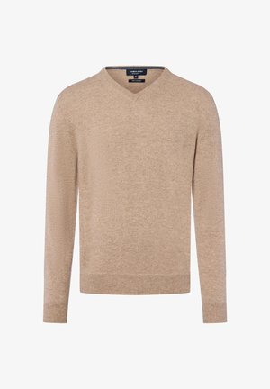 Pull en cachemire beige avec un col en V, des manches longues et des poignets et ourlet côtelés. Texture douce avec une finition lisse. Étiquette visible au niveau de l'encolure.