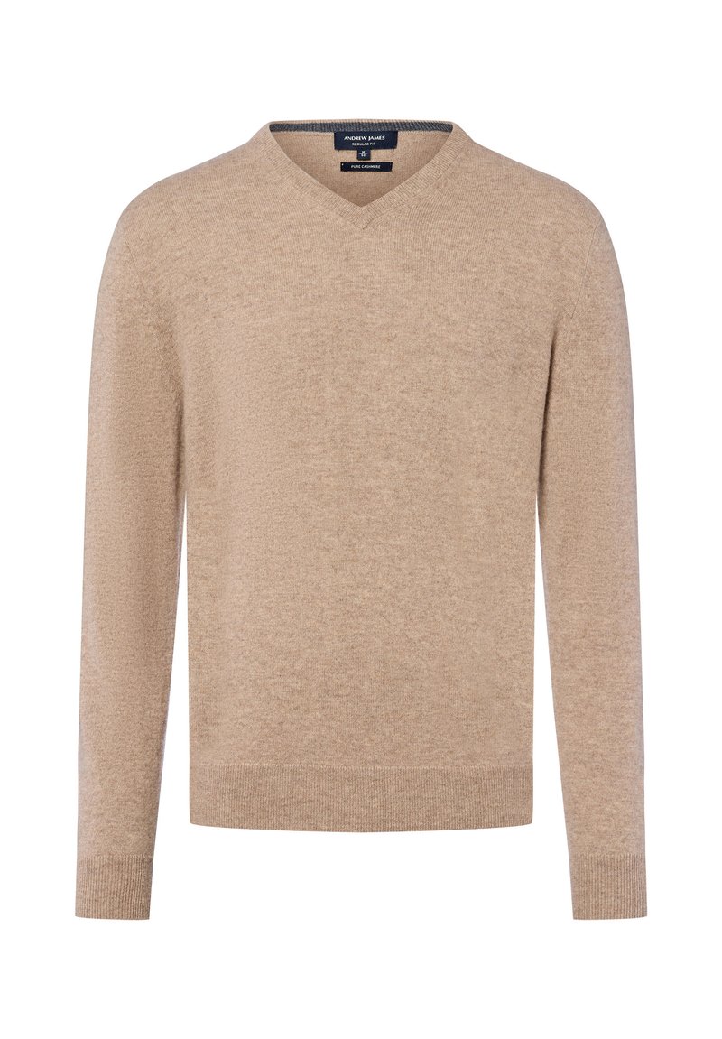 Beige kasjmier trui met een V-hals, lange mouwen en geribbelde manchetten en zoom. Zachte textuur met een gladde afwerking. Etiquette zichtbaar bij de hals.