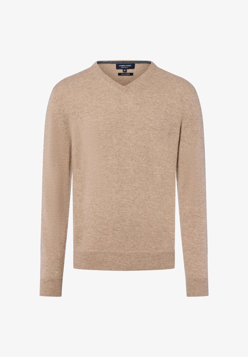 Beige kasjmier trui met een V-hals, lange mouwen en geribbelde manchetten en zoom. Zachte textuur met een gladde afwerking. Etiquette zichtbaar bij de hals.