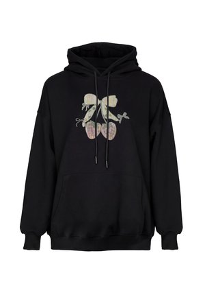 Sort hættetrøje med forlommer og beige abstrakt grafik med pink detaljer på brystet, med snore ved halsen.