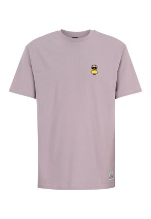 Hellviolettes T-Shirt mit kurzen Ärmeln mit einer kleinen gelben Gummiente mit Sonnenbrille und dem Text „Easy Sunny Days“ auf der linken Brust.