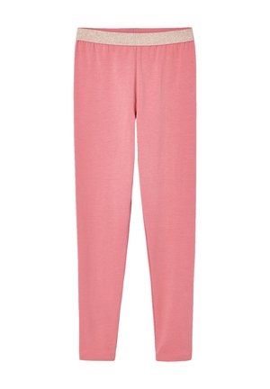 Rosa, bodenlange Leggings mit einem schimmernden goldfarbenen elastischen Bund, dargestellt vor weißem Hintergrund.