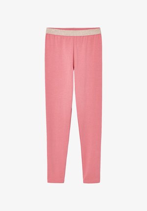 Rosa, bodenlange Leggings mit einem schimmernden goldfarbenen elastischen Bund, dargestellt vor weißem Hintergrund.