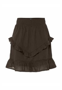 Tamsiai ruda, sluoksniuota sijonas su ruffle akcentais. Turi elastingą juosmenį ir nėrinių apdailą apačioje. Pagaminta iš lengvos medžiagos.