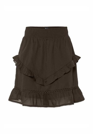 Falda de color marrón oscuro, en capas y con acentos de volantes. Presenta una cinturilla elástica y un borde de encaje en el dobladillo. Está hecha de una tela ligera.