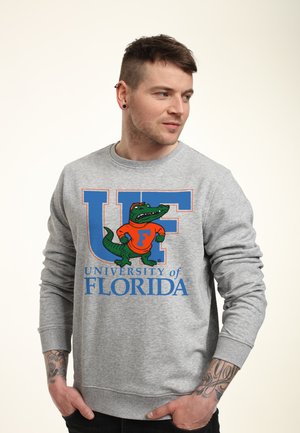 Grauer Sweatshirt mit "UF" und "University of Florida" Grafiken. Enthält ein farbenfrohes Alligator-Maskottchen. Lange Ärmel mit gerippten Bündchen.