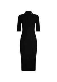 Vestito midi nero a costine con collo alto e maniche corte, caratterizzato da una silhouette aderente e una texture elegante e liscia.